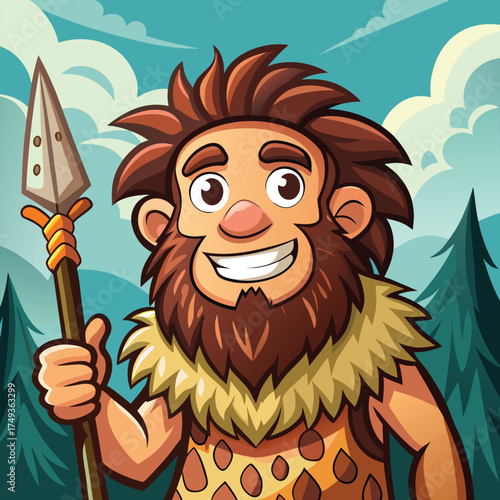 Cartoon caveman holding spear with happy expression in forest background