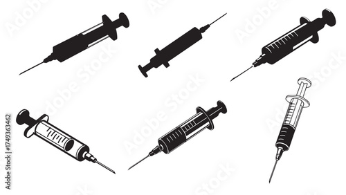 Set of Syringe silhouette vector set , drawn in a precise new style for medical injection and vaccination