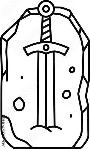 Stylized black and white line art illustration of a legendary sword embedded in a stone