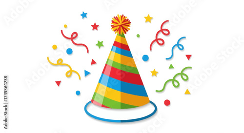 A vibrant cone-shaped party hat with polka dots and stripes, isolated on white with flying confetti for a festive celebration concept