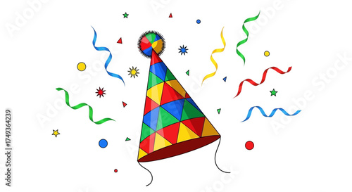 Colorful Party Hat with Confetti and Streamers Celebration Vector
