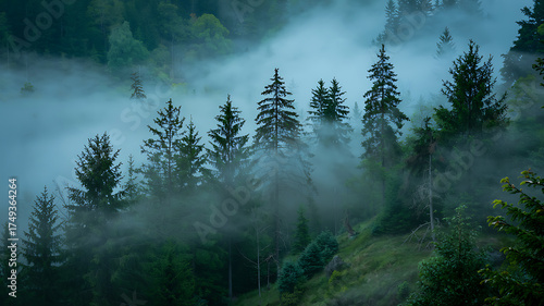Fototapeta Naklejka Na Ścianę i Meble -  Misty Forest with Tall Evergreen Trees and Foggy Atmosphere nature