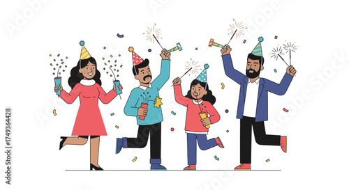 Happy diverse family with children celebrating New Year's Eve together with a party popper, confetti, and sparklers