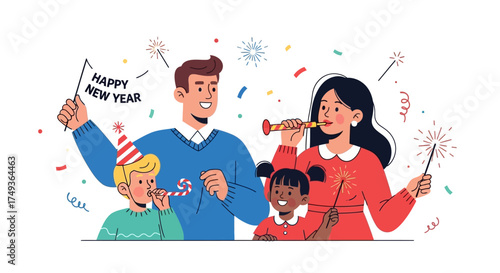 Joyful multicultural family with children celebrating the New Year's holiday with party horns and festive sparklers