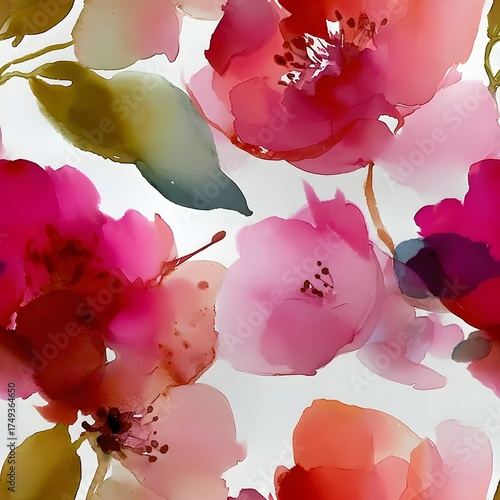 Vibrant watercolor floral pattern with pink and red blossoms