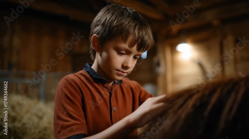 A young boy is depicted gently grooming a horse inside a rustic barn, illustrating a heartfelt connection between a child and the animal in their tranquil surroundings.