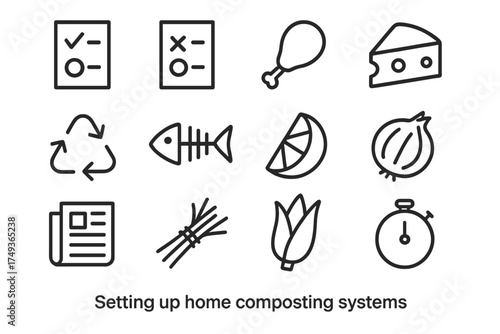 Home Composting Icons. Setting up home composting systems. Line outline icon set of Setting up home composting