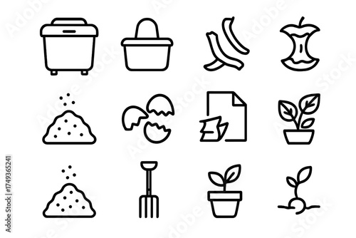 Home Composting Icons. Setting up home composting systems. Line outline icon set of Setting up home composting