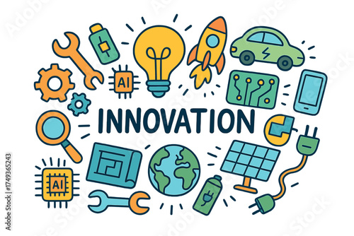 Doodle Innovation Elements. Innovation. Hand-drawn doodle illustration of Innovation. lightbulb, gears,