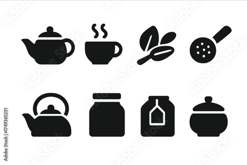 Tea Ritual Icons. Tea Ritual. Filled icon set of Tea Ritual: teapot, tea cup, tea leaves scoop, tea strainer,