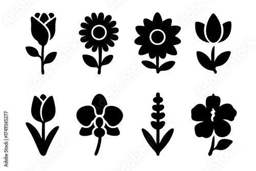Flower Icon Set. Flowers. Filled icon set of Flowers: rose, daisy, sunflower, lotus, tulip, orchid, lavender,