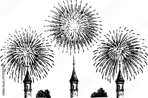 Black and white fireworks exploding over church towers and trees