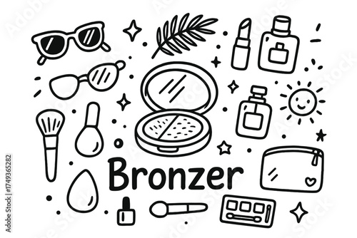 Bronzer Doodle Art. Bronzer. Hand-drawn doodle illustration of Bronzer. In the middle, one slightly larger