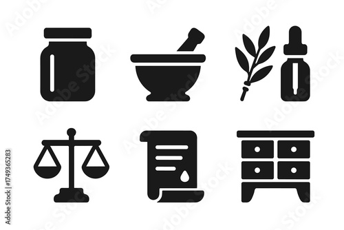 Apothecary Icon Set. Apothecary. Filled icon set of Apothecary: glass jar, mortar and pestle, herb bundle,