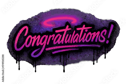 Neon Graffiti Celebration. Congratulations!. neon graffiti lettering, bold spray-paint strokes, dripping