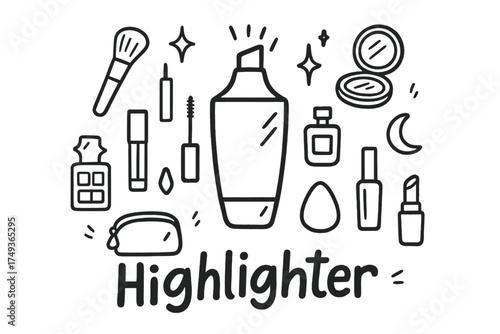 Doodle Makeup Icons. Highlighter. Hand-drawn doodle illustration of Highlighter. In the middle, one slightly