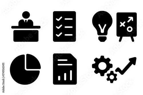 Consulting Icons Set. Consulting. Filled icon set of Consulting: advisor at desk, checklist, light bulb,