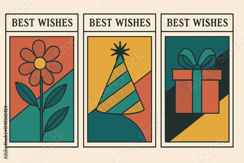 Retro Poster Trio. Best Wishes. Three or two minimalist vintage-style posters placed side by side in one