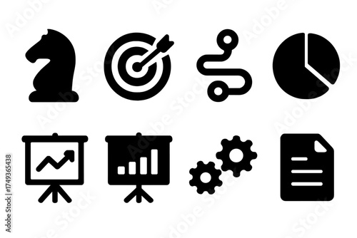 Business Strategy Icons. Business Strategy. Filled icon set of Business Strategy: chess knight, target with