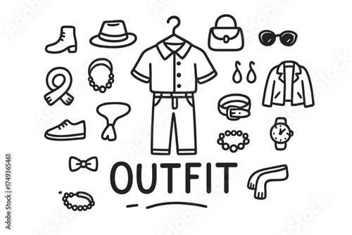 Doodle Fashion Ensemble. Outfit. Hand-drawn doodle illustration of Outfit. In the middle, one slightly larger