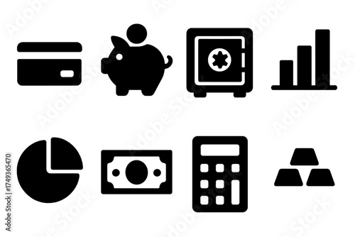 Finance Icons Grid. Finance. Filled icon set of Finance: credit card, piggy bank, safe vault, bar chart, pie