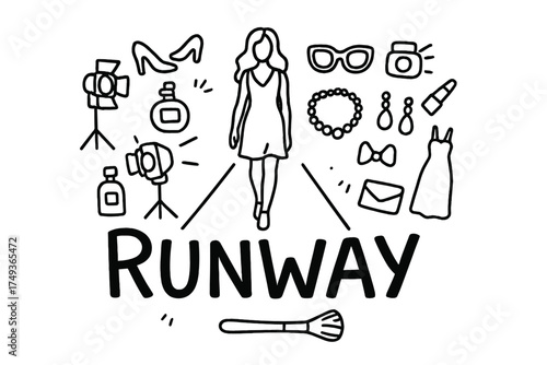 Runway Doodle Illustration. Runway. Hand-drawn doodle illustration of Runway. In the middle, one slightly