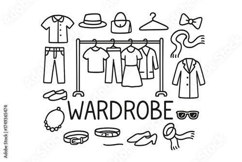 Doodle Wardrobe Illustrations. Wardrobe. Hand-drawn doodle illustration of Wardrobe. In the middle, one