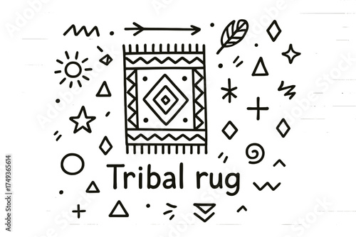 Tribal Rug Doodle. Tribal rug. Hand-drawn doodle illustration of Tribal rug. In the middle, one slightly