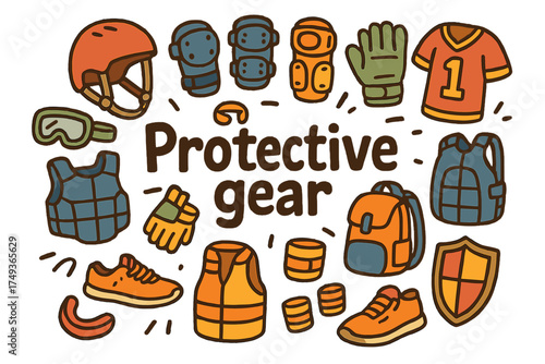 Protective Gear Doodle. Protective gear. Hand-drawn doodle illustration of Protective gear. helmet, elbow pads