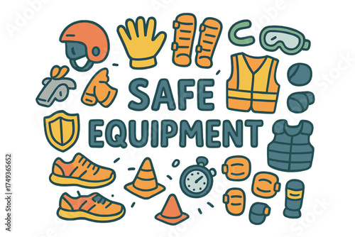 Safety Gear Doodle. Safe equipment. Hand-drawn doodle illustration of Safe equipment. helmet, gloves, shin