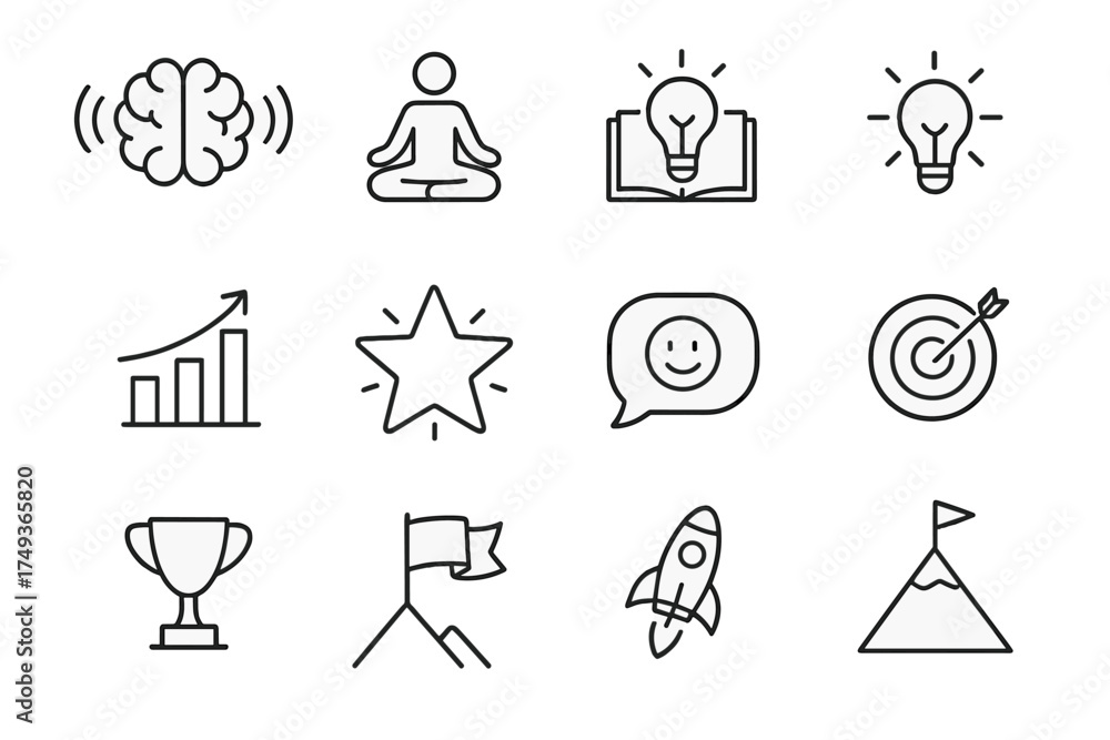 Naklejka premium Podcast Listening Icons. Listening to podcasts. Line outline icon set of Listening to podcasts: brain with