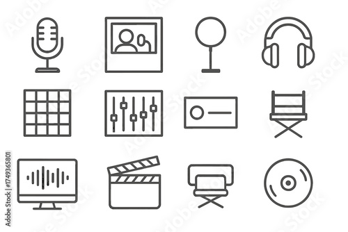 Podcast Icons Outline. Listening to podcasts. Line outline icon set of Listening to podcasts: recording mic,
