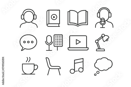 Podcast Listening Icons. Listening to podcasts. Line outline icon set of Listening to podcasts: person with