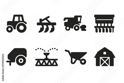 Farming Equipment Icons. Farming Equipment. Filled icon set of Farming Equipment: tractor, plow, combine