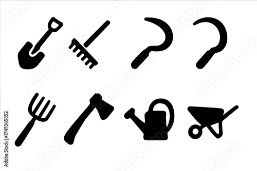 Farm Tools Icons. Farm Tools. Filled icon set of Farm Tools: shovel, rake, hoe, sickle, pitchfork, axe,