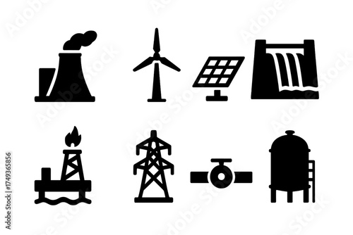 Energy Infrastructure Icons. Energy Infrastructure. Filled icon set of Energy Infrastructure: power plant,