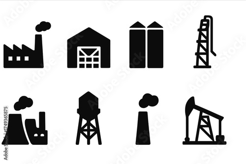 Industrial Building Icons. Industrial Buildings. Filled icon set of Industrial Buildings: factory, warehouse,