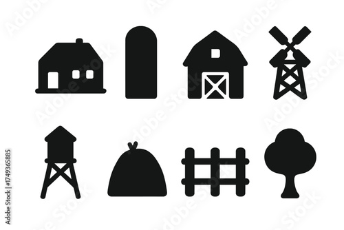Rural Icon Set. Rural Landscape. Filled icon set of Rural Landscape: farmhouse, silo, barn, windmill, water