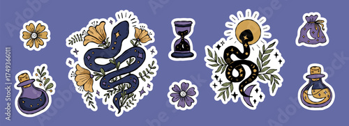 Witchy Stickers. Mystical Snakes with Flowers, Hourglass, Potion Bottles and celestial symbols. Isolated Magical Color Textured Hand Drawn Doodle for esoteric design. Vector Illustration. Not AI