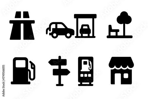 Road Travel Icons. Road Travel. Filled icon set of Road Travel: highway, car with fuel, toll booth, rest area,
