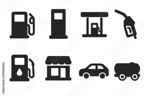 Gas Station Icons. Gas Station. Filled icon set of Gas Station: fuel pump, price sign, canopy station, gas