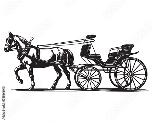 Elegant black and white horse carriage silhouette for retro design projects.
