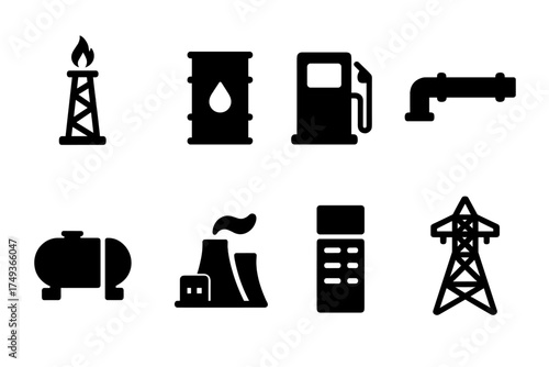 Energy Icons Grid. Energy Infrastructure. Filled icon set of Energy Infrastructure: refinery tower, oil barrel