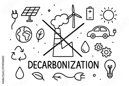 Decarbonization Doodle Icons. Decarbonization. Hand-drawn doodle illustration of Decarbonization. In the
