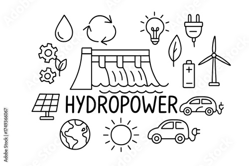Hydropower Doodle Illustration. Hydropower. Hand-drawn doodle illustration of Hydropower. In the middle, one