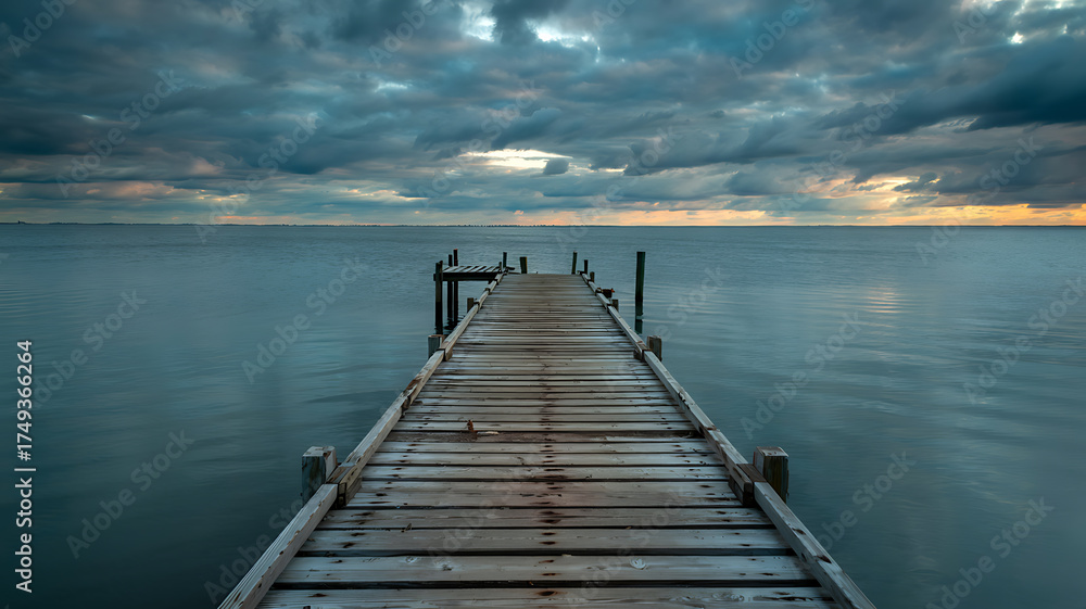 Fototapeta premium Wooden pier extending into a calm body of water under a cloudy sky dock jetty