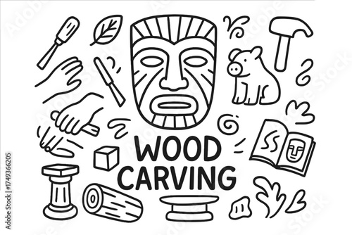 Wood Carving Doodles. Wood carving. Hand-drawn doodle illustration of Wood carving. In the middle, one