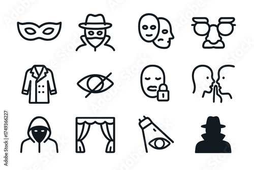 Murder Mystery Icons. Hosting a murder mystery party with costumes and clues. Line outline icon set of Hosting