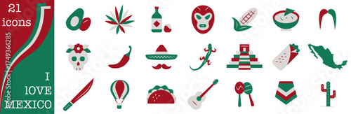 Icons with symbols of Mexico in national colors about traditions, food, and culture.