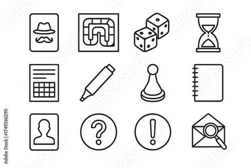 Murder Mystery Icons. Hosting a murder mystery party with costumes and clues. Line outline icon set of Hosting
